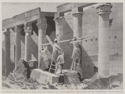Assouan貯水池の水域からフィラエでの遺跡の保存、土台の準備 作： Charles Auguste Loye